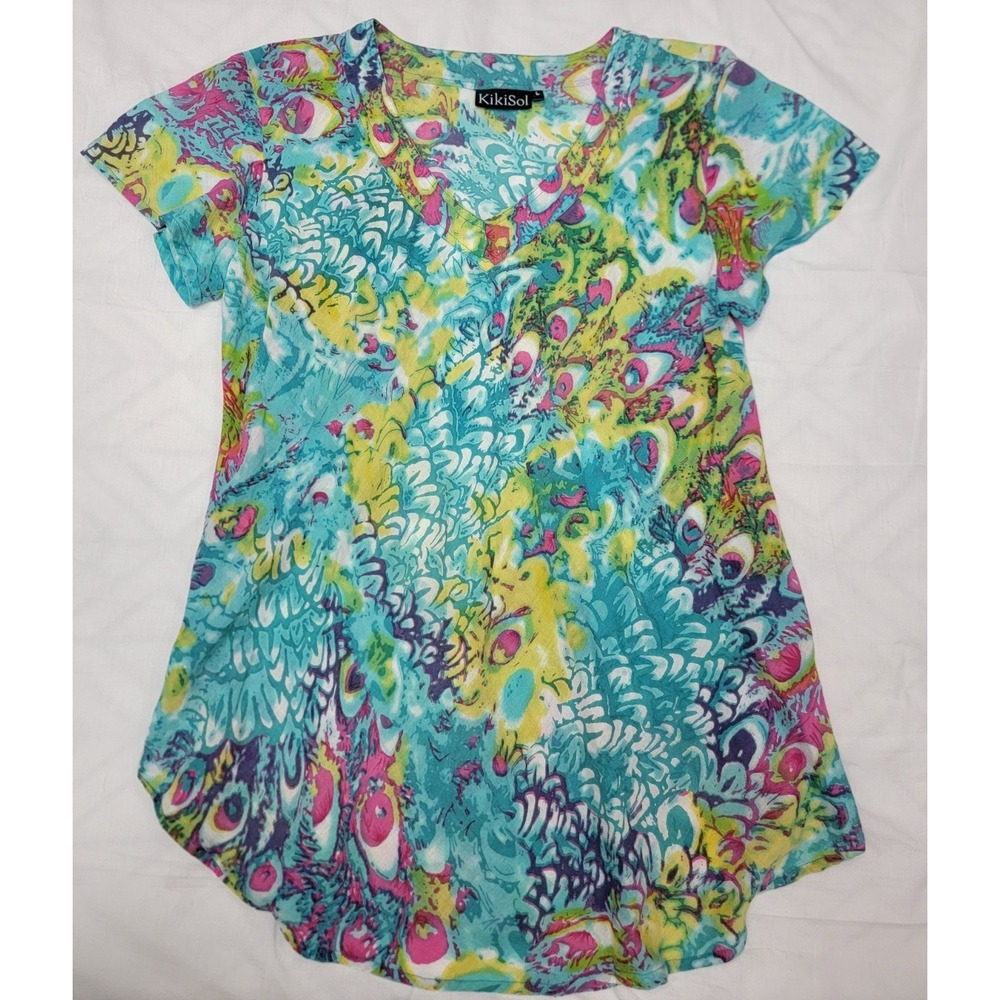 KikiSol Top Tunic Women's Large Vibrant Multi-Color Lightweight 100% Cotton